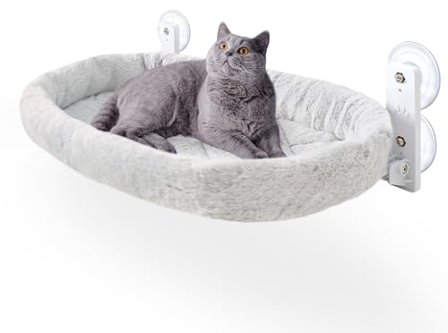 GUUSII HOME Cat Hammock Window Perch Foldable Hanging Bed Windowsill Seat Large Cats Shelf with Strong Suction Cups Kitty Lounger Reversible Cover 53 * 30cm Hold Up to 18kg Easy to Assemble(Grey)