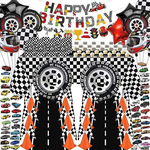 Obussgar Rennwagen-Geburtstagsparty-Zubehör – Happy Birthday-Banner, 12 Leitkegel mit Löchern Oben, 24 Karierte Flaggen, Tischdecke, Luftballons, Rennstrecken-Bodenlaufmatte