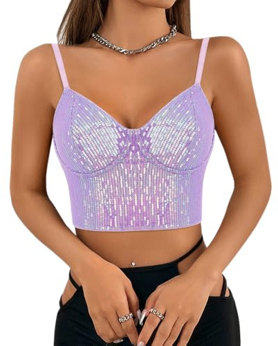 Segreto Damen Glitzer Pailletten Tanktop Spaghettiträger | Sexy Crop Top, Ärmellos Trägertop, Festival Party Club Metallisch Schwarz Camisole