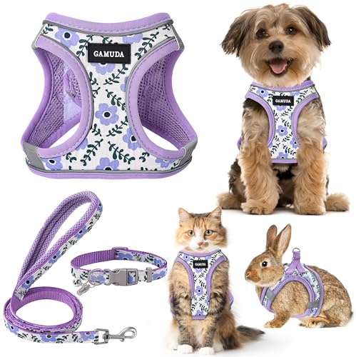 Small Pet Harness Collar and Leash Set, Step in No Chock No Pull Soft Mesh Adjustable Dog Vest Harnesses Plaid Reflective for Dogs Puppy and Cats Outdoor Training (Purple Flower, XS)
