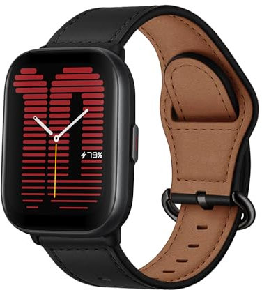 MiRowy Leder Armband für Amazfit T-Rex 3 Pro 44mm/Active 2/Amazfit Active/Amazfit GTR Mini, Uhrenarmband für Damen Herren, Premium Lederband Ersatzbänder für Amazfit GTS 4/GTS 4 Mini/GTS 3 - Schwarz