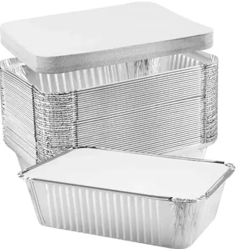 outihome - Bandeja de aluminio con tapa de cartón 1500 ml, paquete de 50 unidades, bandeja de alimentos desechables, apta para horno, barbacoa, congelación, conservación de alimentos