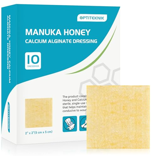 OPTITEKNIK Manuka-Honig- und Calciumalginat-Wundkompressen, 5,1 x 5,1 cm, 10 Stück, medizinische Qualität, mit Manuka-Honig, stark absorbierende Pflaster
