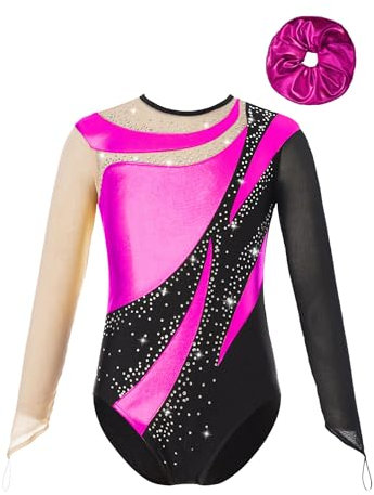 inhzoy Body Ginnastica Artistica Bambina Manica Lunga Balletto Leotards da Danza Classica con Strass Abito da Pattinaggio Artistico Body da Ginnastica Ritmica Performance Rosa caldo 9-10 anni