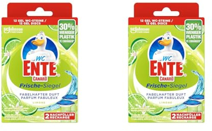 WC-Ente Frische-Siegel Nachfüller, körbchenloser WC-Reiniger, 12 Gel WC-Steine, Limone Duft, 2er Pack (2 x 36 ml)