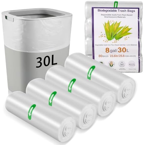 80 x 30 Liter Bin Bags, 23.6 * 25.6 in/8Gallon Food Waste Bags 4 Roll Kitchen Bin Liners Food Caddy Bags Caddy Bin Liners for for Office Bathroom Kitchen Garbage Bin(White)