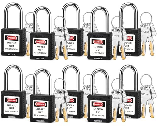 BOZZYS Candados de bloqueo de etiquetado, paquete de 10 candados loto, grillete de acero de 1-1/2 pulgadas, cilindro de aleación de zinc, cuerpo de plástico con codificación láser personalizada