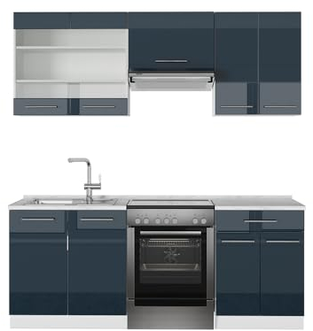 Vicco Küchenzeile Fame-Line, Dunkelblau Hochglanz/Weiß, 200 cm, AP Eiche