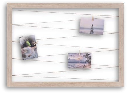 CLAMARO 'Collage Line' Fotohalter 90x70 cm | Eiche Sonoma | Querformat Bilderrahmen mit Fotoleine aus Juteband und Holzklammern | Ideal als Fotocollage Galerie, Fotowand oder Fotorahmen