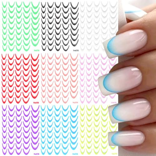 9 Farben French Nagel Stickers Französisch Nagelsticker Nagelfolie Selbstklebend French Nails Nagelaufkleber Gradient French Tip Nail Sticker Nail Art Stickers Nageldesign Aufkleber Nägel Zubehör