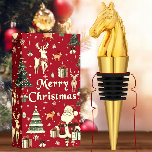 LULLEA Verpackt Pferd Weinflaschenverschluss, Pferde Geschenk für Männer Papa Frauen, Pferdekopf Gold mit Weihnachtsverpackung und Weihnachtskarte
