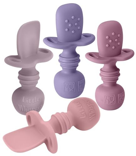LittleWhispers Baby Silicone Spoons - Self Feeding 6 Months - Infant, Toddler, & Kid Friendly Utensils - First Stage, Baby Led Weaning - 4 Pack Utensil Set (Soft Pinks)