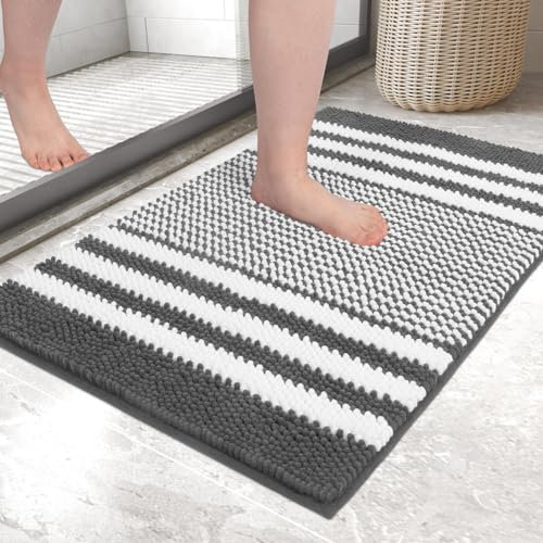 Biscpro Bath Mat Rug Extra Soft and Absorbent Fluffy Striped Chenille,Non Slip Shaggy Bathroom Floor Mat,Machine Washable (Dark Grey, 40 x 60 cm)