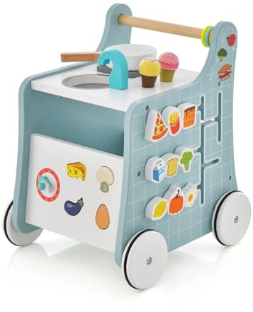 GOPLUS 6 in 1 Lauflernhilfe aus Holz, Lauflernwagen mit Spielküche, Formanpassung, beweglichem Schieber & Lernuhr, Ergonomischer Baby Walker mit Rädern für Kinder ab 12 Monaten (Blau)