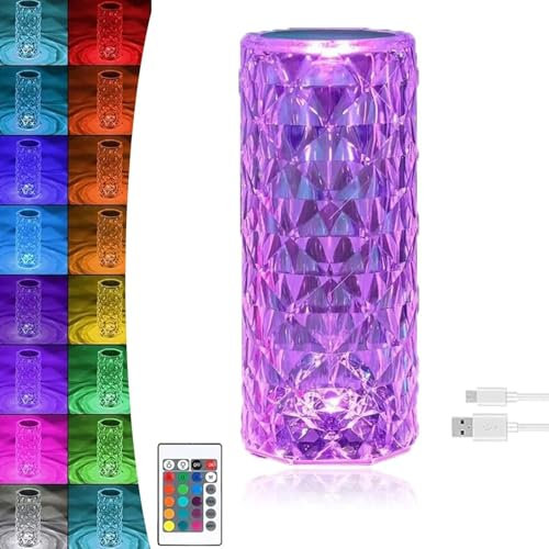 BSZYFQVE 16 Colors Rose Rays Crystal Diamond Table Lamp，Romantic Rose Rays Crystal Lamp，Remote and Touch Control Atmosphere Making，Crystal Touch Lamp
