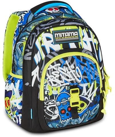 Mitama Zaino Scuola SCHOOL SKATE, New Plus, Triplo Scomparto, Tasche Porta Borraccia, Spallacci Ergonomici, Scuola Elementare Bambino, Media