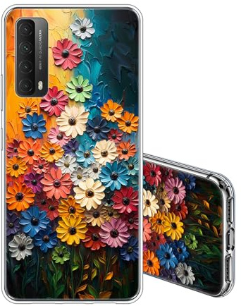 JEZSTHAI Handyhülle Kompatibel mit Huawei P Smart 2021 Hülle Silikon Transparente Stoßfeste Kratzfeste Anti-Gelb Weiche Dünne TPU Rückseite Schutzhülle für Damen,Margeriten Blumen