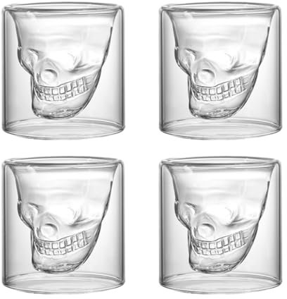 Gorise 4 vasos de cristal con forma de calavera de doble pared, divertidos vasos de cristal para cerveza fría, cócteles, vodka, 25 ml.