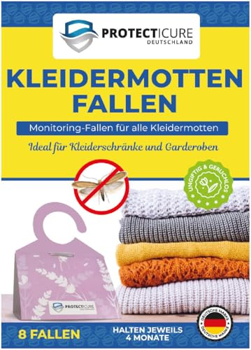 Protecticure Hochwertige Kleidermottenfallen - 8 Mottenfallen für den Kleiderschrank mit Pheromomen - ungiftig & geruchlos zur Bekämpfung Aller Kleidermotten - 16 Wochen Wirksamkeit pro Falle