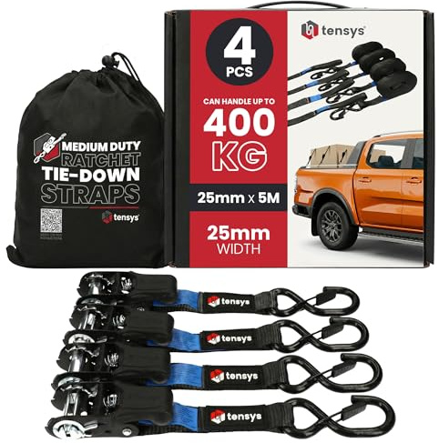 TENSYS Ratchet Tie Down Straps - 800kg Max Break Force Heavy Duty Ratchet Straps w/Padded Handle, 0.38m Soft Loops, Coated S Hooks for Securing Cargo, Roof Racks, Luggage, 25mm x 5m, Black, 4 Pack