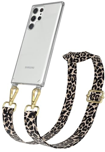 EAZY CASE Handykette - Verstellbares Taschenband kompatibel mit Galaxy S22 Ultra 5G, Schulterriemen, Handykordel mit Silikon Hülle, Umhängetasche, Leo - Schwarz Beige Gold