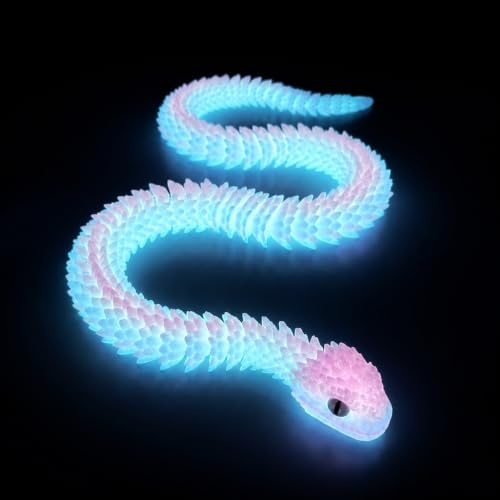 24 Inch Glow in the Dark 3D Printed Snake, Luminous Blue Articulated Snake Fidget Toy with Movable Joints, Desk Decor Gift for Kids & Adults