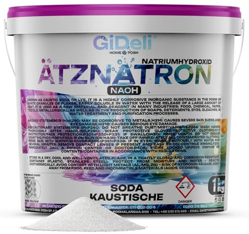 GiDeli Ätznatron 1kg im Eimer - Natriumhydroxid (NaOH) Flocken 99% für Seifenherstellung - Geruchlos, Fest - Reinheit vielseitig einsetzbar einfache Dosierung - Feuchtigkeitsdicht Verpackt