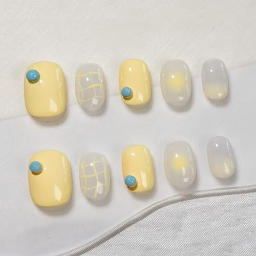 Sun&Beam Nails Handmade Press-on Short Squoval Round Yellow White Ombre Hand-Painted Sweet Design Fashion False Nail Tips 10 Pcs Set (#264 M)