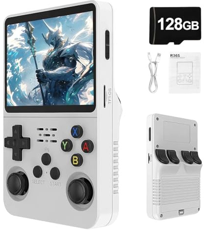 Syzplnwy R36S Console de jeu portable rétro avec écran IPS de 3,5, batterie de 3500 mAh, carte TF de 128 Go, plus de 20 000 jeux, système Linux open source pour adolescents et adultes, blanc