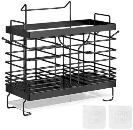 Luxvara Cutlery Holder and Utensil Organiser for Kitchen Black - Stainless Steel Metal Cutlery Drainer Basket with Drain Holes for Countertop or Wall Mount, Cutlery Tray for Knives, Forks, Spoons