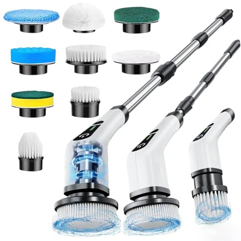 9 in 1 Electric Spin Scrubber, Cordless Cleaning Brush with 9 Replaceable Brush Heads, 3000mAh 100 Min Runtime, IPX7 Waterproof, Adjustable Handle Up to 1.3m for Bathroom, Kitchen, Tile, Floor & Car