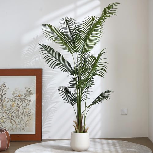 ZKIODV Palma Artificiale 180 cm, Grandi Piante Finte da Interno, Palma Pianta Alta con Vaso Bianco, Piante Artificiali Decor Realistica per Casa Ufficio Hotel, 13 Foglie, Tronco Naturale, Fake Palm