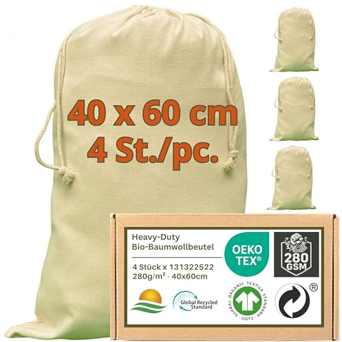 WIESEN.design Spielzeugsack - 280 g/m² OEKO-TEX® zertifizierte Heavy-Duty Baumwolle für langlebige, professionelle Anwendungen, 40x60 cm - 4 St. Geschenktaschen mit Kordelzug, Shoe bag, Reisebeutel