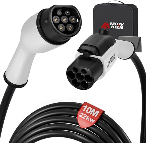 MCEVKELN Verlängerung für Ladekabel Elektrofahrzeug Typ 2 22kW |32A 3Phase | 10M Verlängerungskabel mit Schloss für Hybrid & Elektroauto IEC62196-2, Ladeverlängerungskabel Typ 2, Weißer Stecker