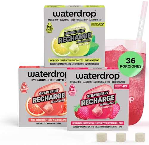 waterdrop® Electrolitos sin azúcar para deporte y recuperación, con magnesio, sales minerales y Vitaminas como vitamina C – 36 cubos para agua o agua con gas, para running, ejercicio y viajes