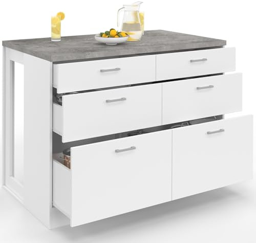 IDMarket - Mittelinsel ORSO 120 cm Frontauszug mit 6 Schubladen weiß mit Arbeitsplatte in Betonoptik