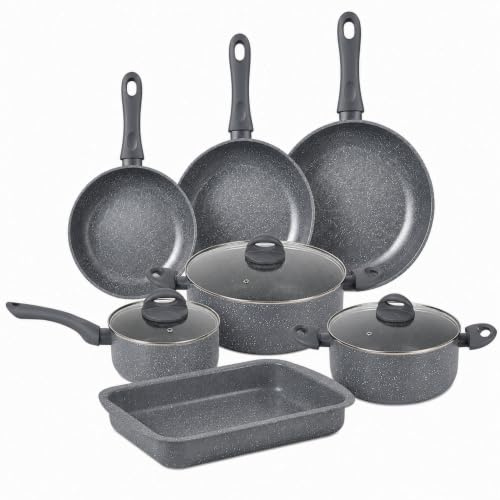 Herzberg Batterie de Cuisine 10 Pièces Effet Marbre Induction, Gris | 10 pièces, effet marbre, aluminium, tous feux + induction, sans PFAS PFOA plomb cadmium, verre trempé, poignées soft-touch