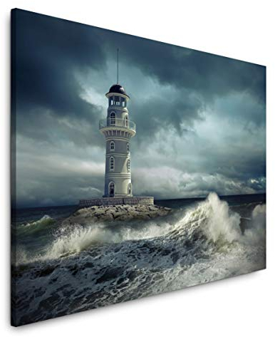 Paul Sinus Art Leuchtturm im Meer 100 x 70 cm Inspirierende Fotokunst in Museums-Qualität für Ihr Zuhause als Wandbild auf Leinwand in