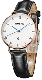 TIME100 Orologio Automatico Donna Calendario Stile Semplice Ultra Sottile Cinturino in Vera Pelle Impermeabile(Nero)
