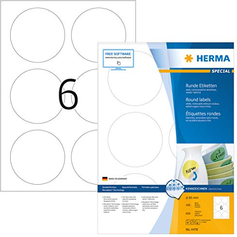 HERMA Etikett, Inkjet/Laser/Kopierer, selbstklebend, ablösbar, rund, Ø: 85 mm, weiß (600 Stück), Sie erhalten 1 Packung á 600 Stück
