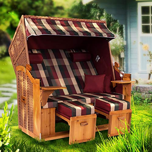 Strandkorb Hanse Strandkorb Ostsee ROYAL XXL Volllieger - 2,5 Sitzer 150cm extra breit - ideal für Garten, Terrasse oder Balkon (NBU) (Rot Grün Beige Kariert, Zerlegt)