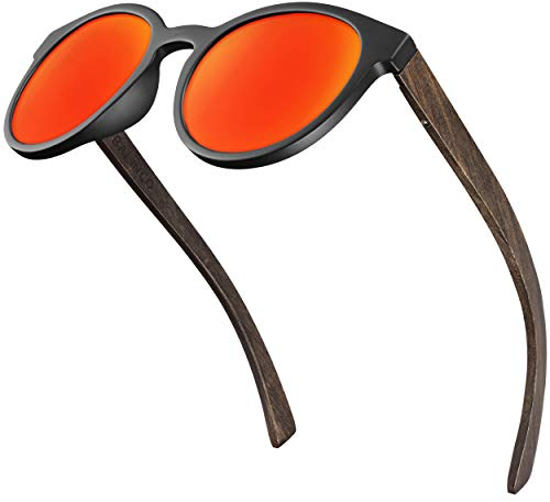 Balinco® Bambus Sonnenbrille mit runden, polarisierten Gläsern - im praktischen Zubehör-Set inkl. Geschenke-Box - mit UV400 Schutz & TAC-Linsen - für Damen & Herren geeignet (Rot verspiegelt)