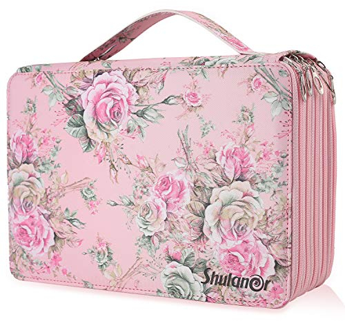 Shulaner 250 Slots Federmäppchen mit 5 fächer Reißverschluss Großer Federmappe Oxford Bleistifthalter Pencil Case Colouring Pencil Pouch Bag Holder - Rosen Rosa