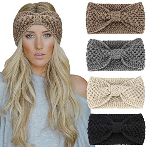 DRESHOW 4 Pièces Bandeau Cheveux pour Femme Bandeaux Hiver Serre-Tête Tricoté Oreille Réchauffeur Chaud Noué Bande Elastique Cheveux
