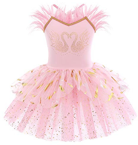 IWEMEK Kids Toddler Girls Hot Drilling Swan Leotard Ballet Dance Tutu Dress Sleeveless Feathers Printed Ruffle Tulle Skirt Skating Gymnastics One Piece Ballerina Dancewear Costume Pink+Feature 5-6