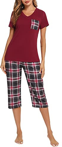 iClosam Pyjamas Set for Women Short Sleeve Loungewear Plaid Capri Trousers