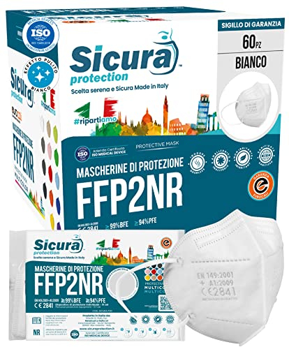 60 masques FFP2 blanc certifié CE Fabriqué en Italie Sicura BFE ≥99% SANITIZÉ et scellé individuellement EN 149:2001+A1:2009