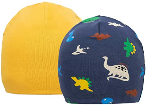 FORUHOO Baby Beanie für Jungen Mädchen, Kleinkind Mütze Herbst Winter 2er Set(3-7 Jahre,Zweilagige: Gelb+Dinosaurier)