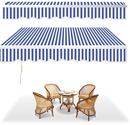 Tubiaz Tenda da sole con braccio snodato, 350x300cm Tenda da sole per Terrazze, Angolazione Regolabile, Meccanismo Manuale, Tenda da Sole Avvolgibile Anti-UV Impermeabile, Blu e Bianco