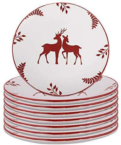 Christmas Dinner Plate Set of 8 - Hand Painted Red & White Reindeer Stoneware Crockery Dinner Service Dishwasher & Microwave Safe Christmas Plates Set Xmas Dinnerware Table Serving Plates